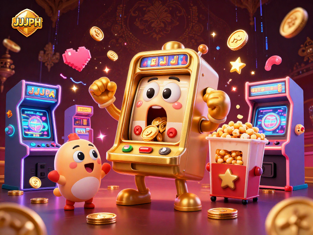 Experience the excitement of JJJPH as a golden slot machine hits the jackpot amidst cheering machines and vibrant gaming elements.