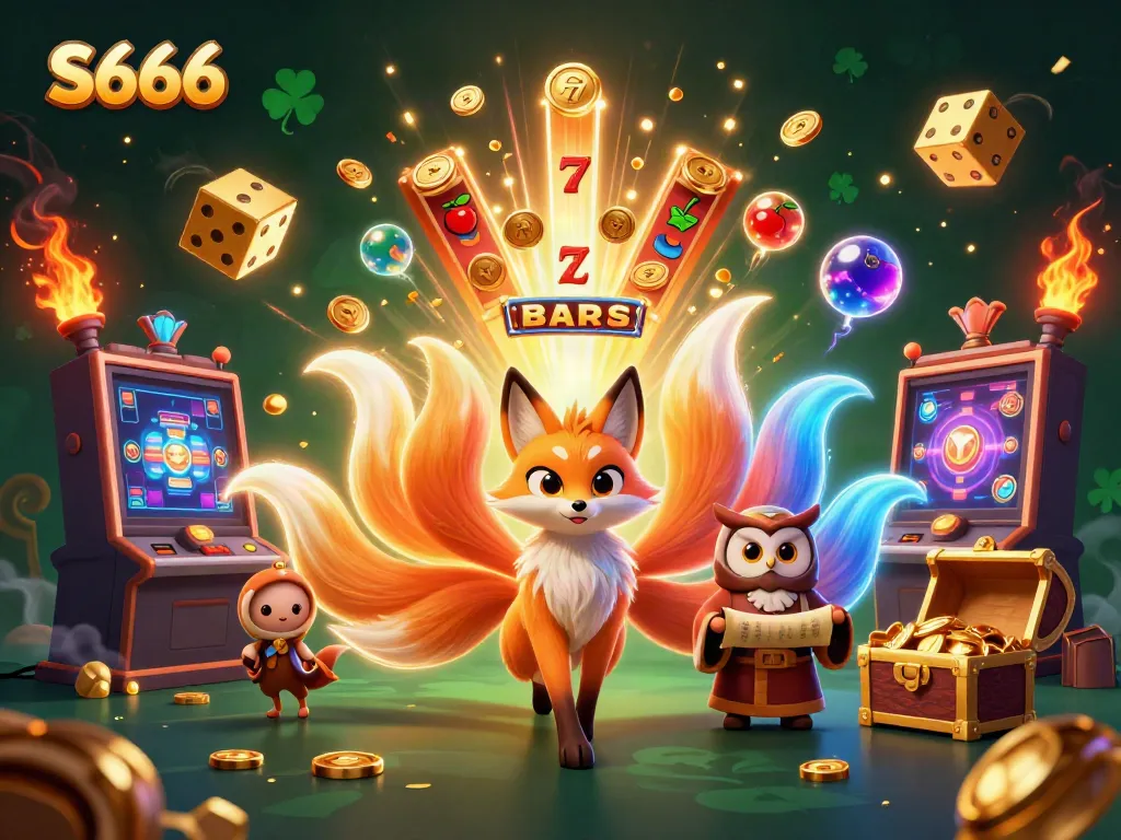 S666 players explore vibrant casino fun with a mystical nine-tailed fox and exciting slot machine jackpot.