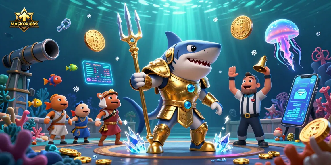 Engage with MASKOKI889 as a ferocious tiger shark battles in a dynamic underwater casino scene.