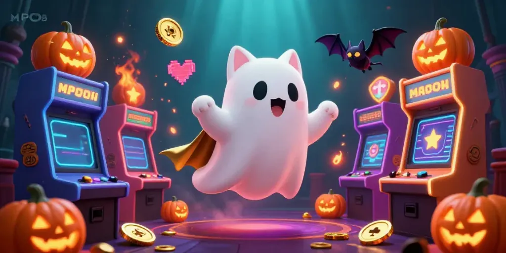 Engage in casino adventures with MPO08 featuring a ghost cat and vibrant arcade elements.