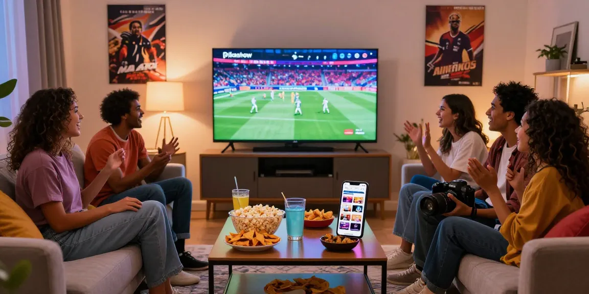 Friends enjoying a movie night using the Pikashow APK in a cozy living room
