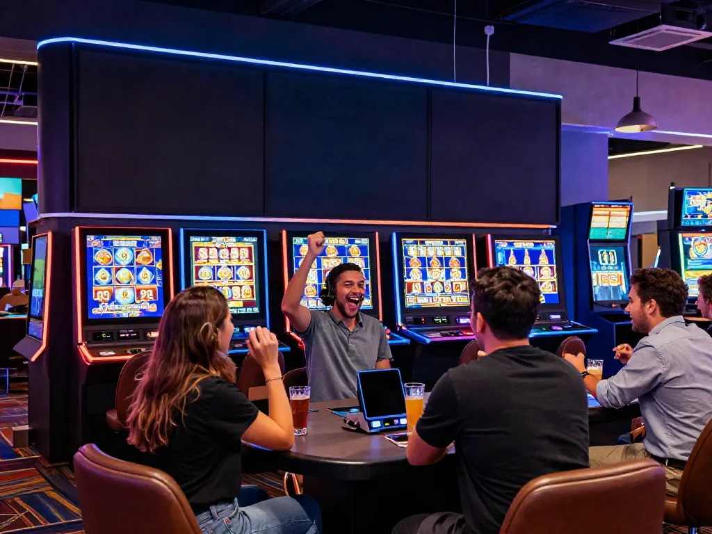 Players celebrating at the qqmacan virtual slot machine in a lively casino setting.