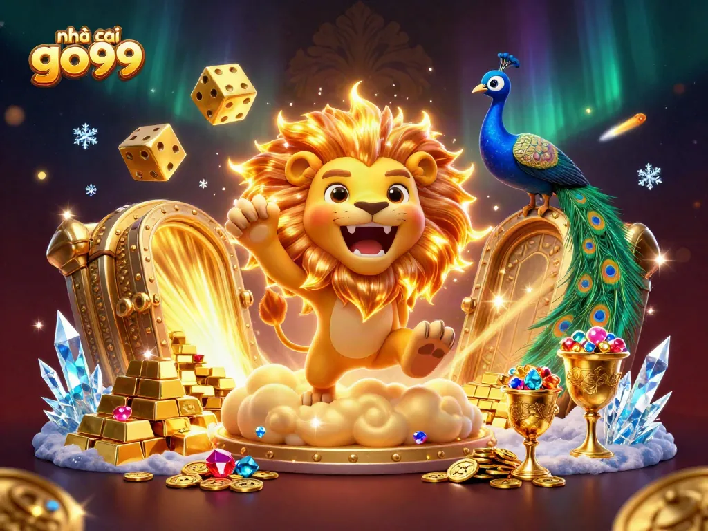 Join the fun with nhà cái go99 as golden dice tumble in a vibrant casino scene filled with treasure.