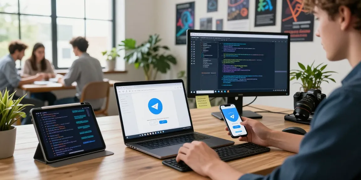 Experience seamless communication with Telegram Download, featuring multiple devices in a modern workspace.