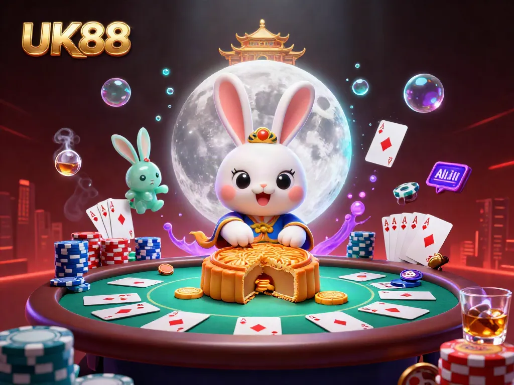 Experience thrilling gameplay with uk88, featuring a scene of moon rabbits showcasing poker chips amidst vibrant casino elements.