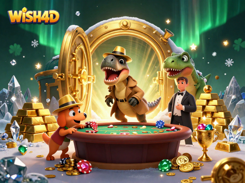 Engage in exhilarating moments with WISH4D at the blackjack table guarded by a suspicious stegosaurus.
