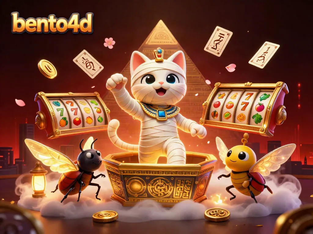Bent on winning, the Egyptian mummy cat spins slot reels showcasing bento4d's thrilling casino experience.