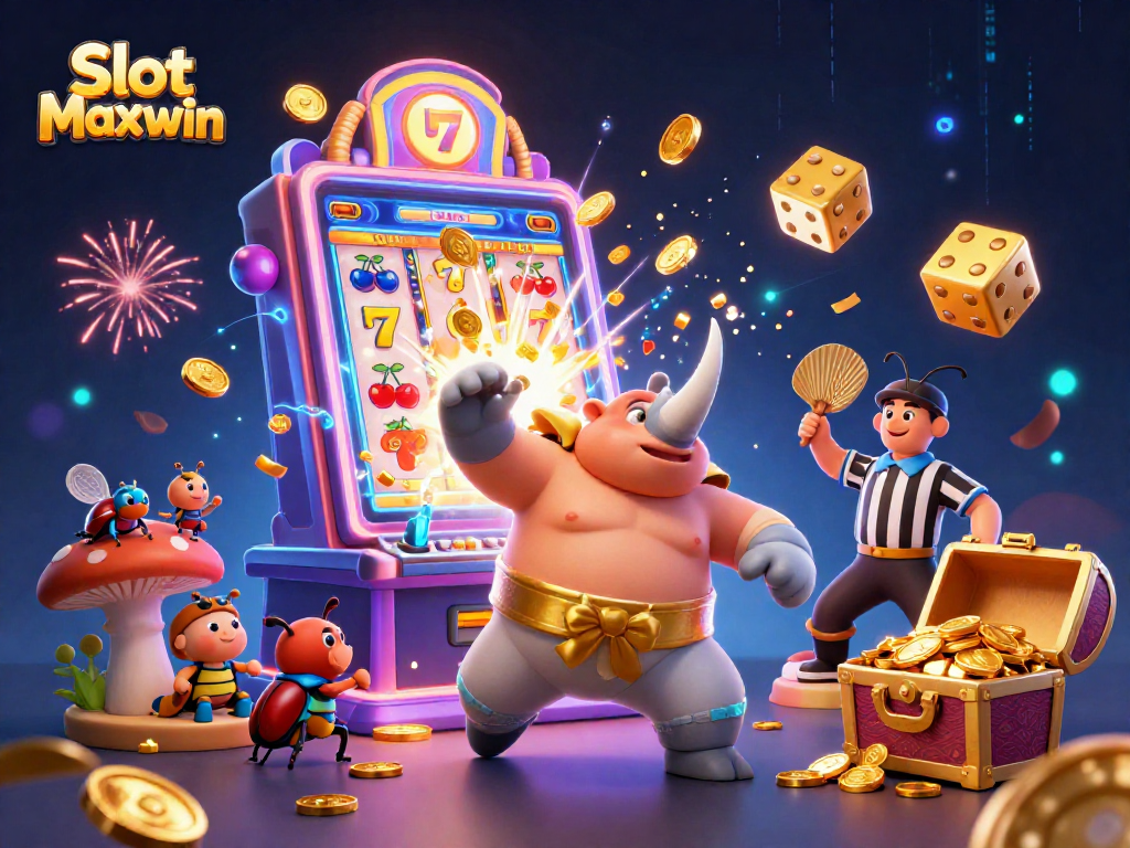 Experience the thrill of Slot Maxwin with a vibrant casino illustration featuring dynamic characters and games.