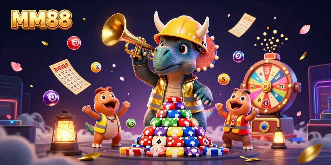 MM88 reveals exciting bonuses with a lively casino scene showcasing joyful characters and dynamic game elements