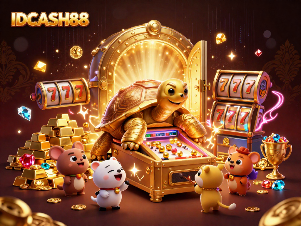 Experience thrilling gameplay with IDCASH88's vibrant golden tortoise pinball machine amidst treasures.