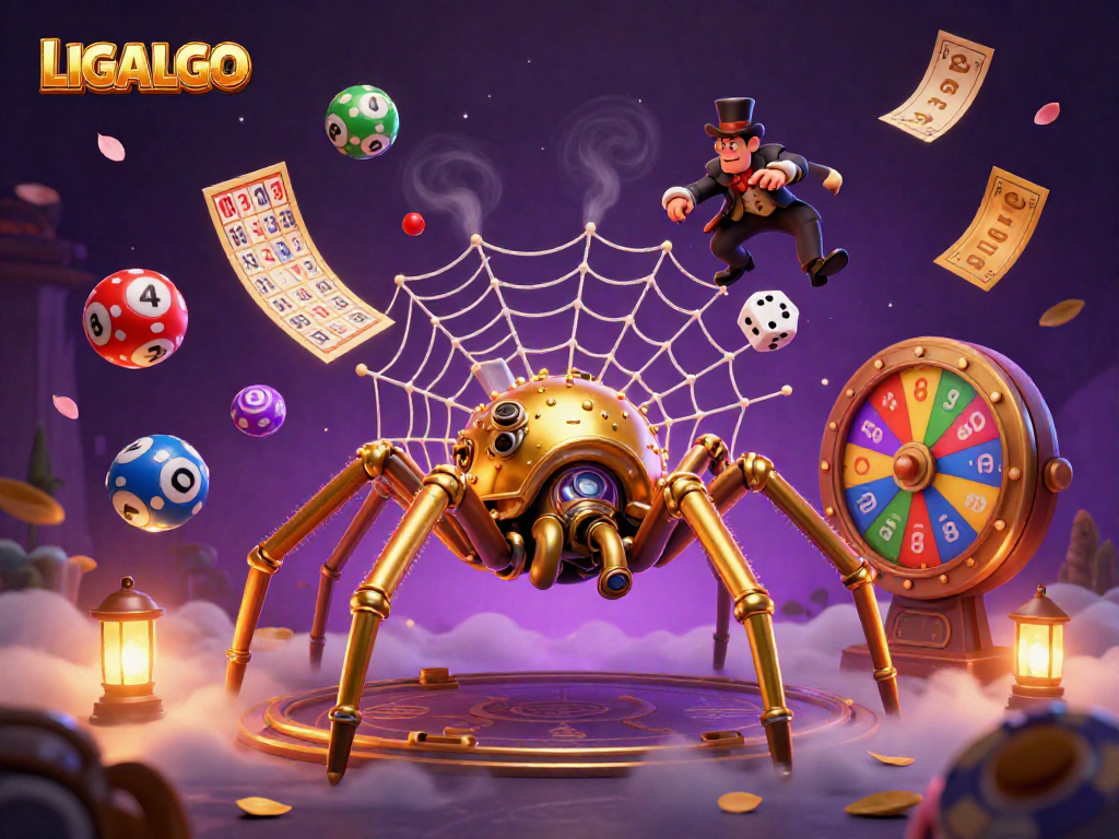 LIGALGO's 3D steampunk spider captures dice with golden chains and lively gaming elements.