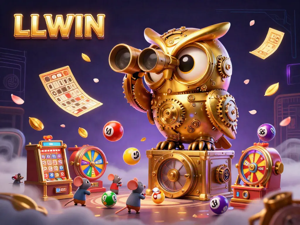 Experience the excitement at LLWIN's casino with a captivating owl character amidst vibrant games.