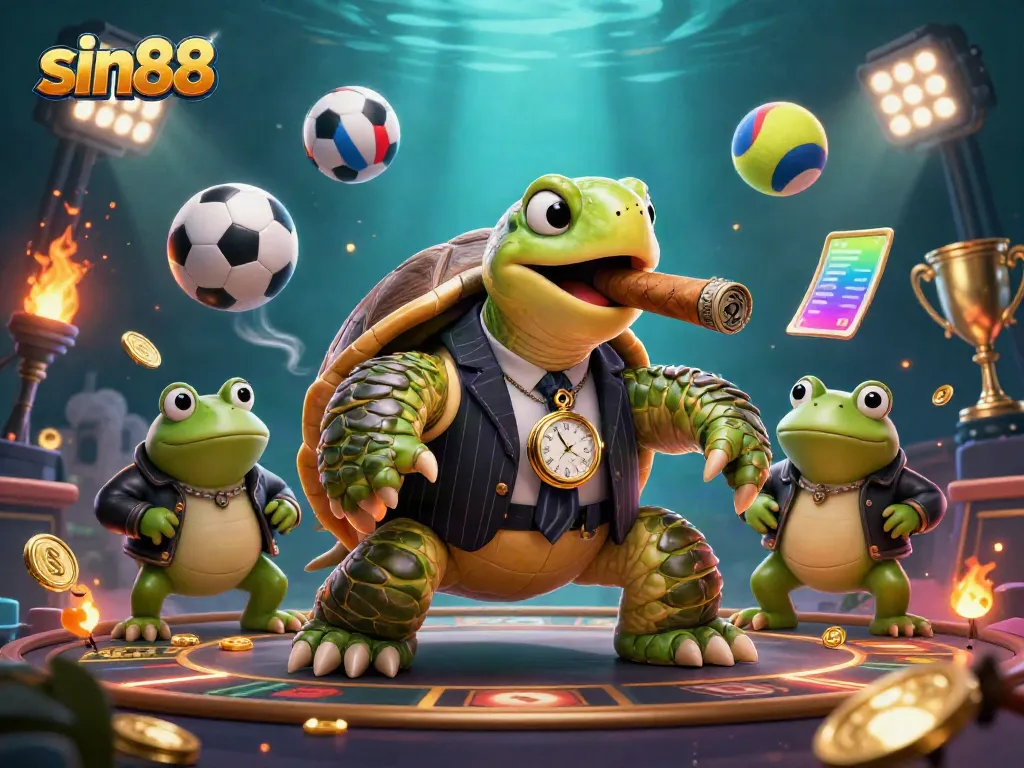 Experience the thrill of sin88 with a vivid 3D casino scene featuring a turtle mobster and frog enforcers.