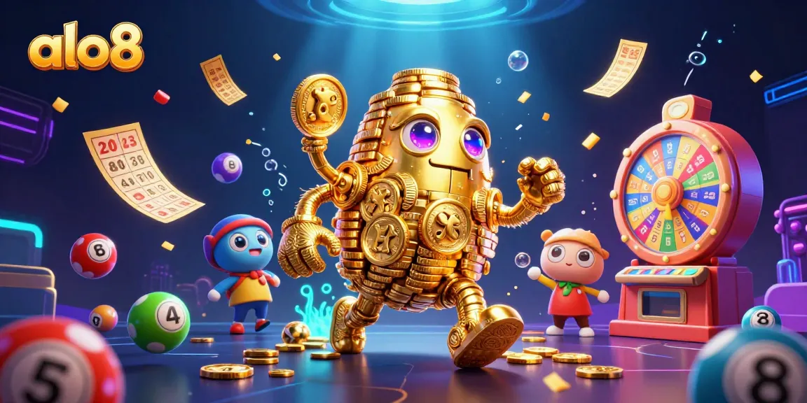 Experience exciting winning moments with alo8's vibrant casino games featuring a golden golem and colorful lottery balls.
