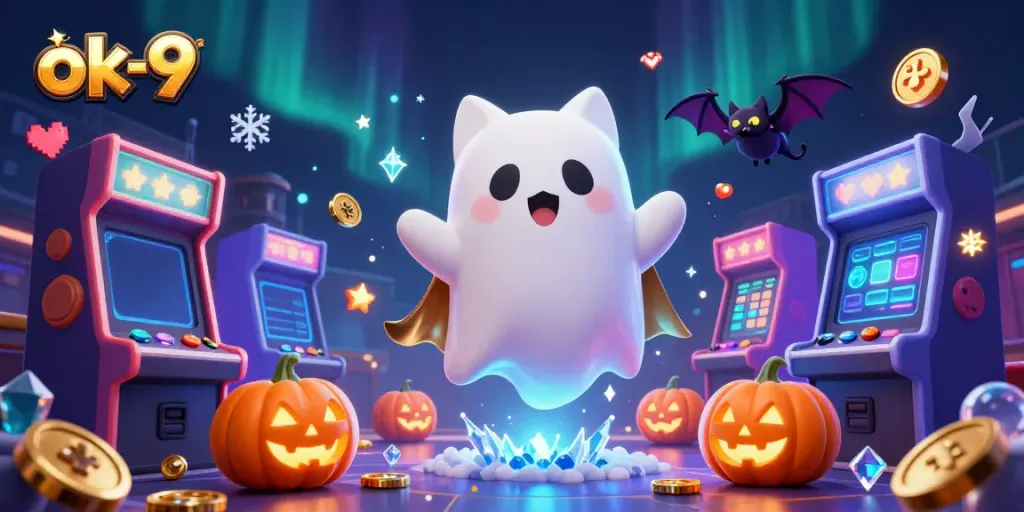 Experience the enchanting fun at ok-9 casino with a floating ghost cat, arcade games, and glowing pumpkins.