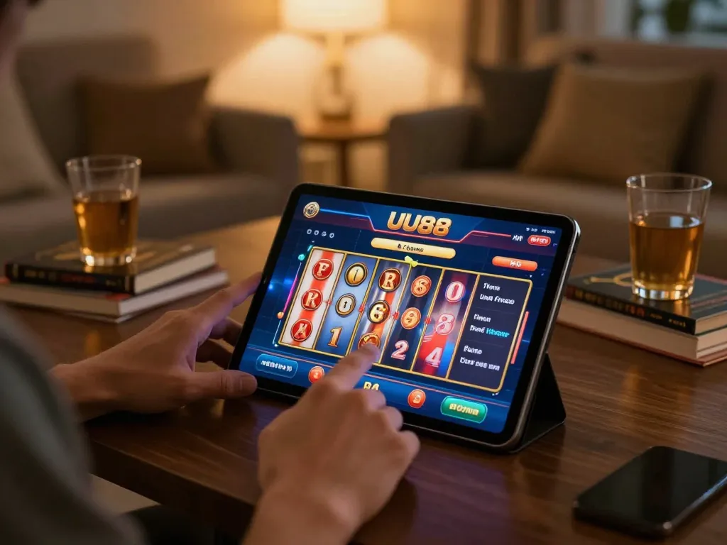 Engaging with UU88 online slots app during cozy gaming session at home.