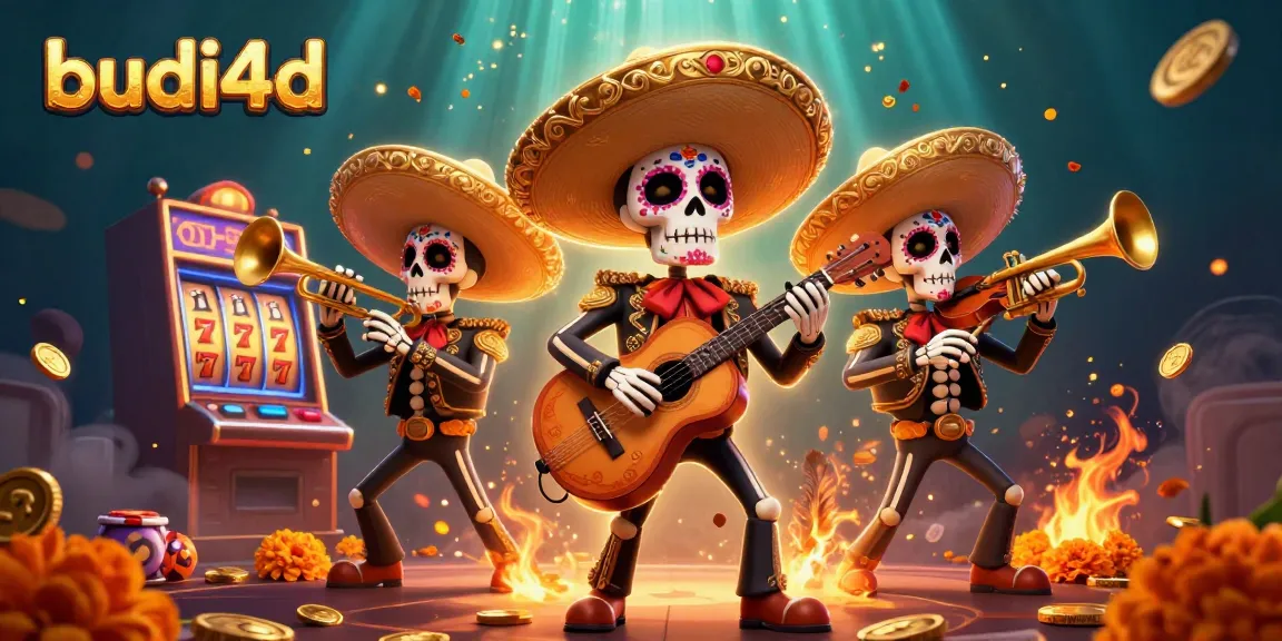Engage with budi4d as Day of the Dead skeleton mariachis play surrounded by gold coins and slot elements.
