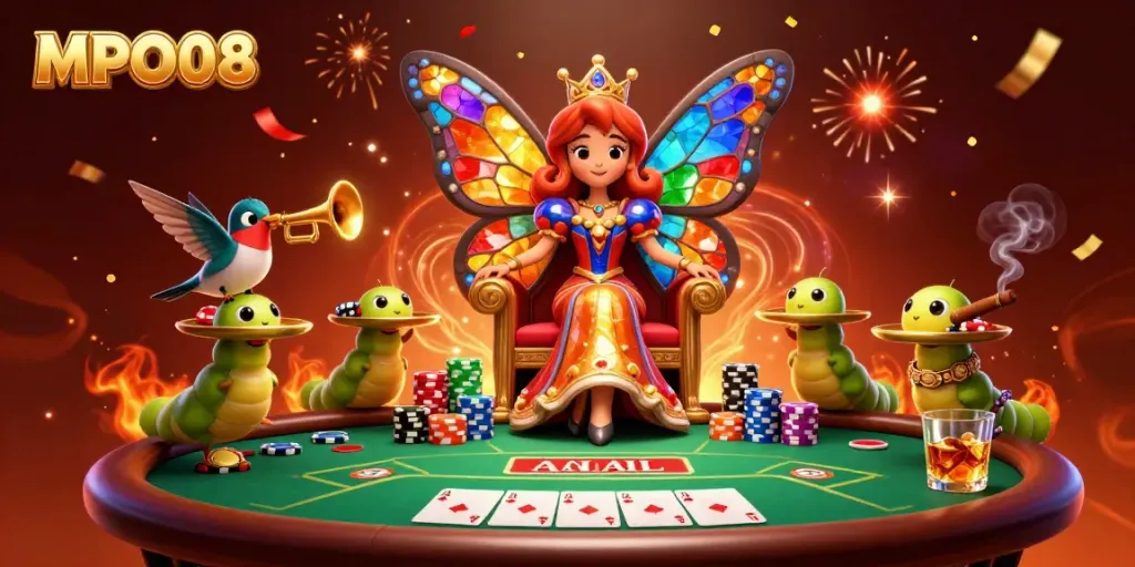 Engage with MPO08's vibrant casino scene featuring a butterfly queen and colorful poker elements.