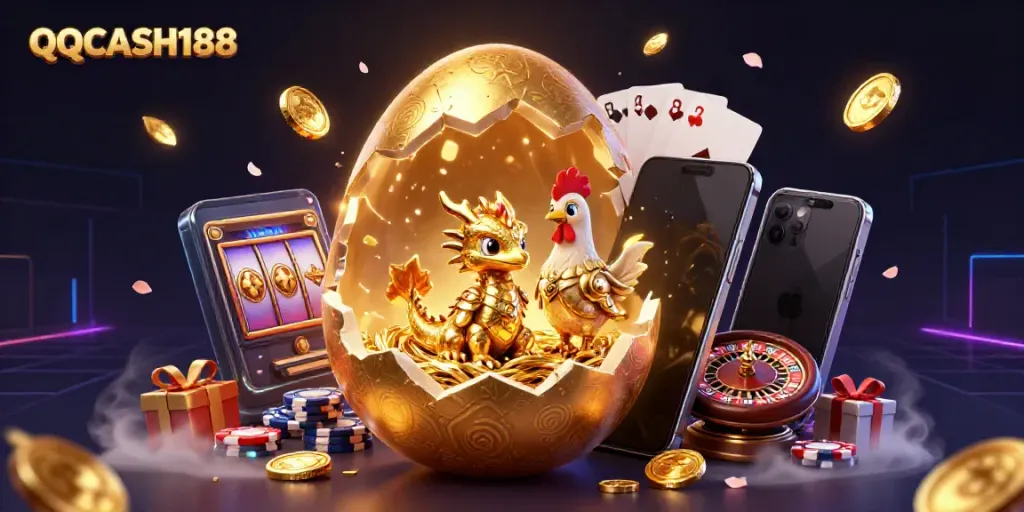 Experience exciting games at QQCASH188 with a vibrant illustration of a golden dragon and dynamic casino elements.