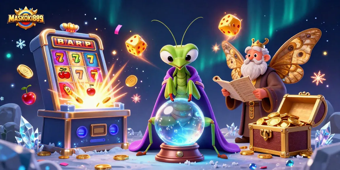 Win big with MASKOKI889 by diving into a vibrant world of slots and jackpots, featuring animated characters.