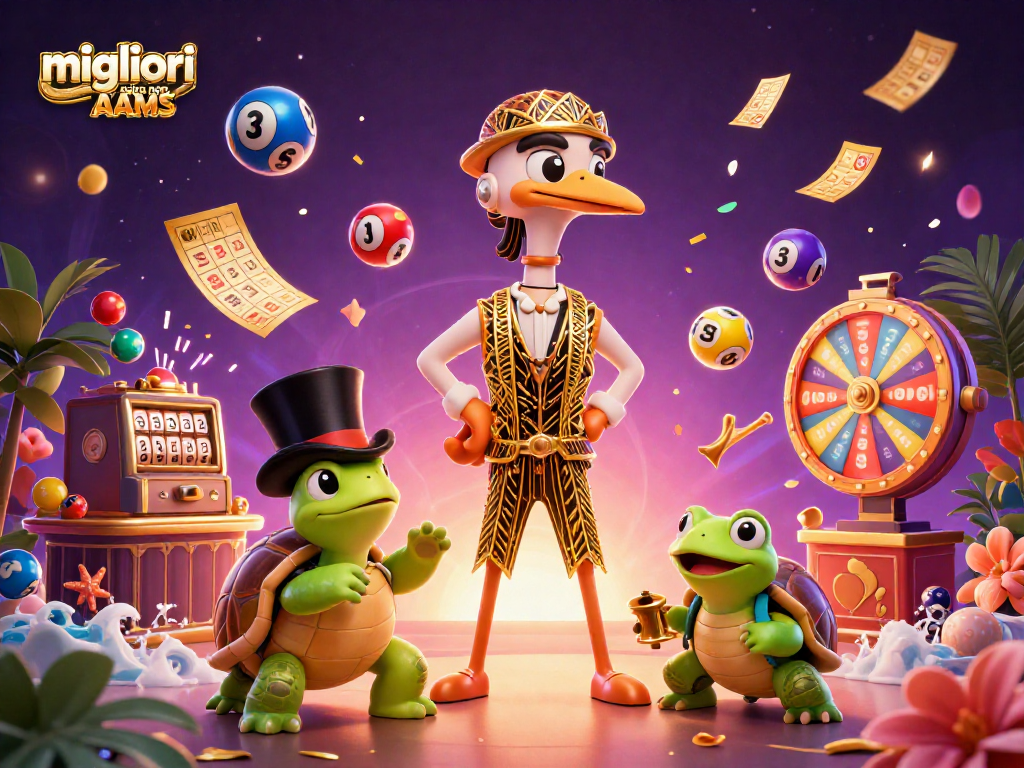 Scopri i migliori casino non AAMS con l'illustrazione vivace di un turbine di elementi di gioco e personaggi.