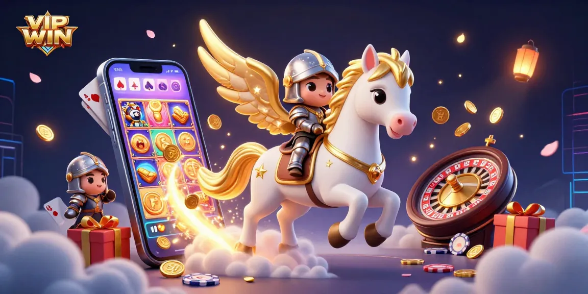 Experience VIPWIN's thrilling gameplay with a celestial knight and vibrant slot games in a dynamic 3D scene.