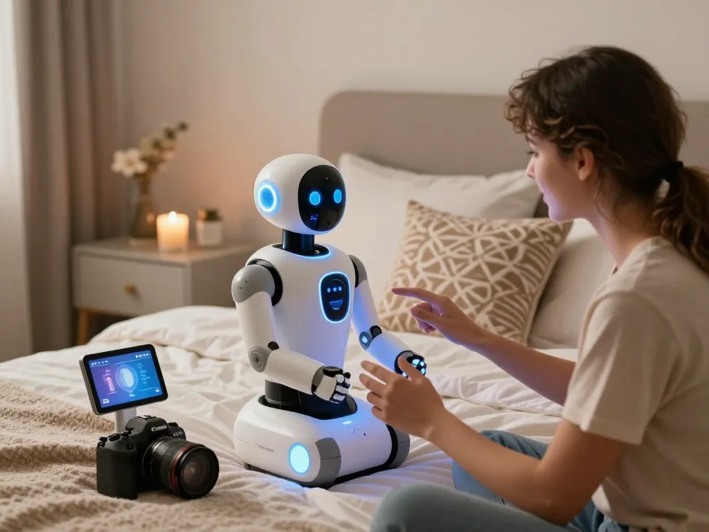 Couple exploring ai sex robot interaction in a stylish bedroom setting, showcasing technology and intimacy.