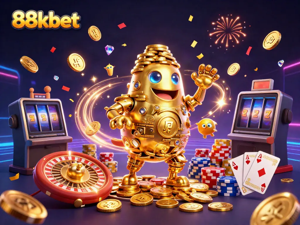 Experience the thrill of 88kbet with golden golem and casino elements in a vibrant, dynamic scene.