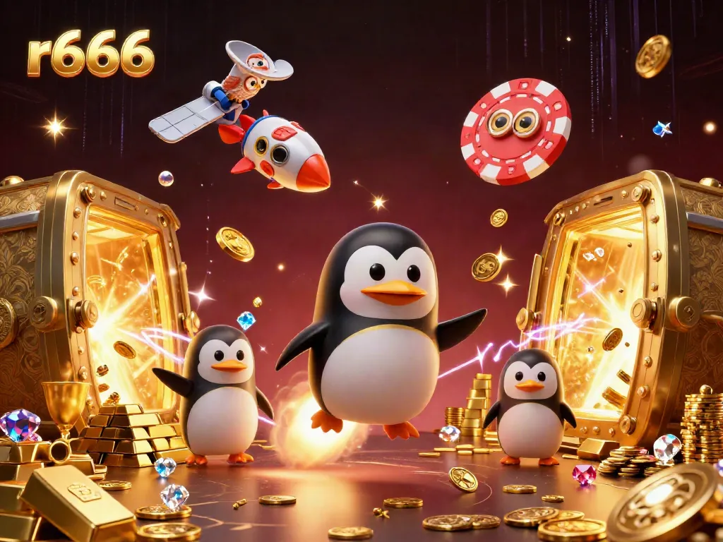 Experience the thrilling gameplay at r666 featuring a golden penguin rocket and casino elements.