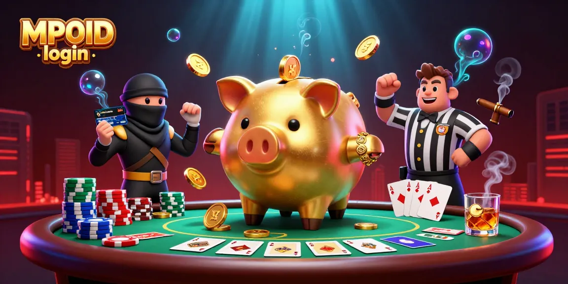 Experience MPOID login action with a golden piggy bank sumo wrestler amid poker excitement