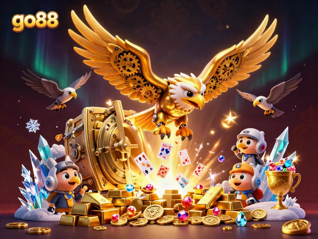 Experience thrilling gameplay with go88's immersive 3D casino illustration featuring golden eagle and holographic cards.