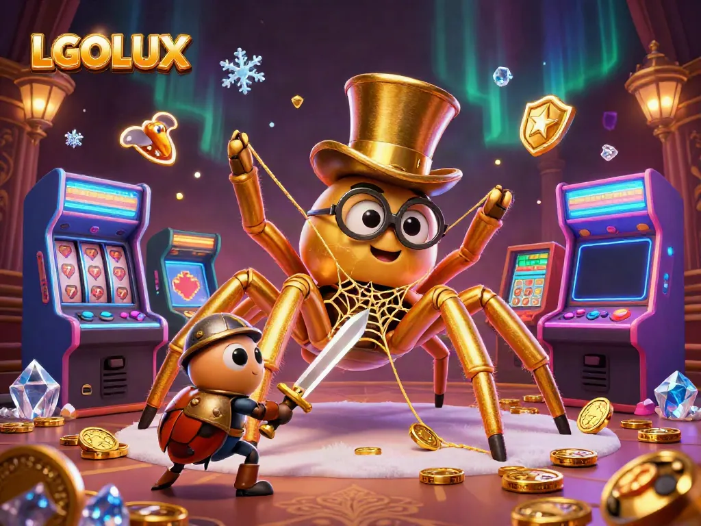 Experience thrilling casino gameplay with LGOLUX, featuring a golden tarantula and beetle knight in a vibrant 3D illustration.