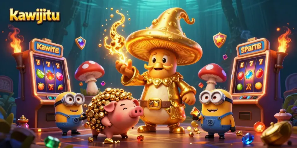 Experience engaging gameplay with kawijitu and the golden mushroom wizard in a vibrant casino illustration.