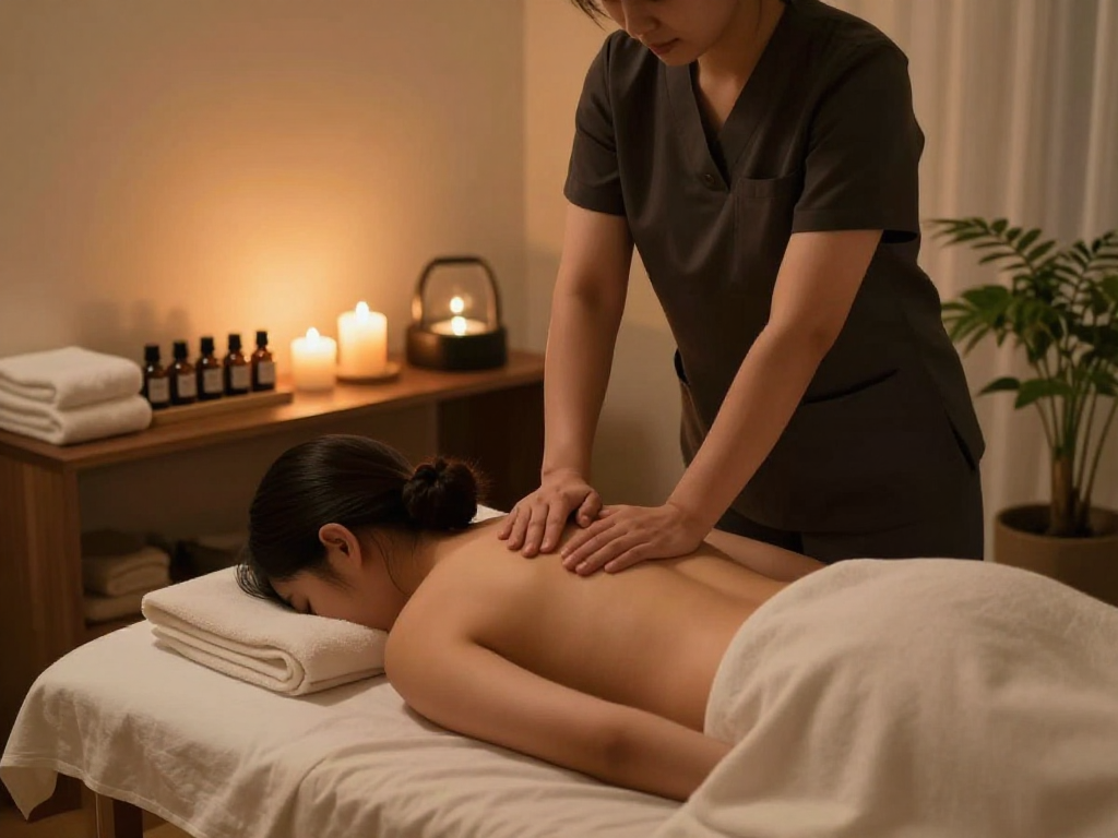 A calming 인천출장마사지 being performed in a serene spa environment, highlighting relaxation elements.