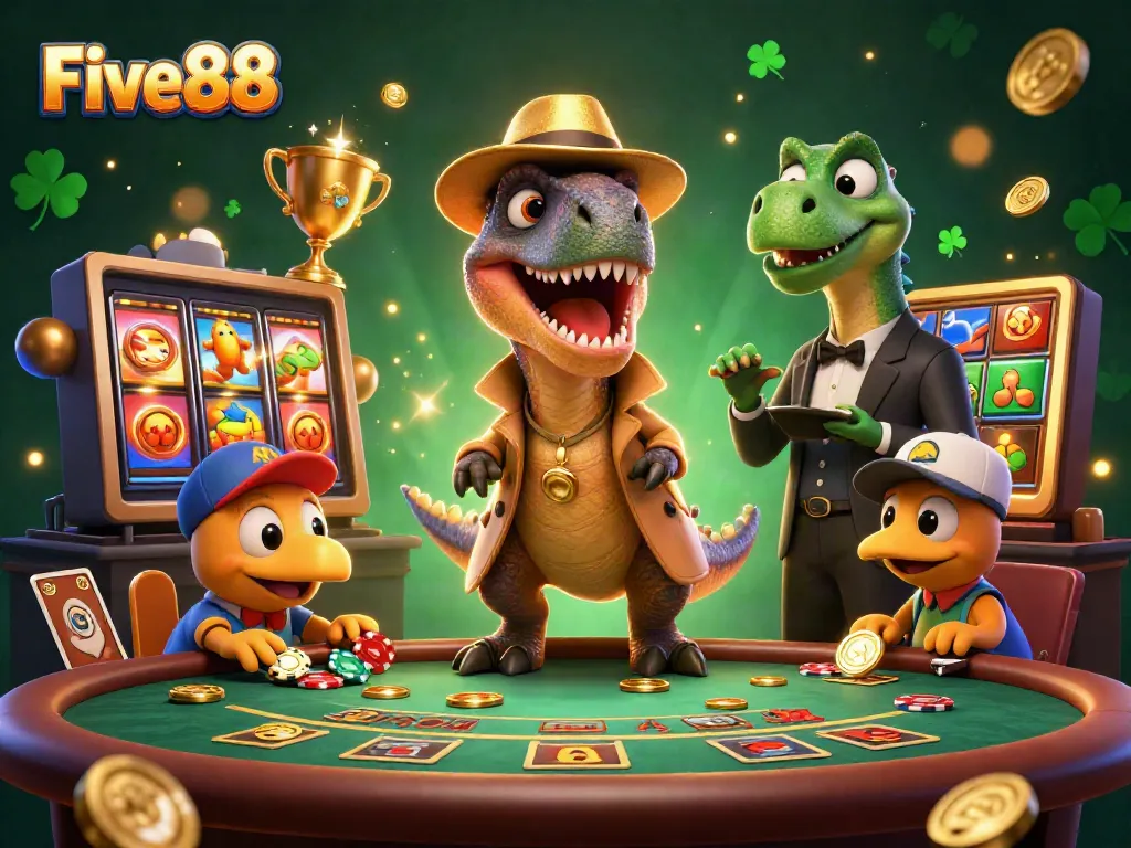 Five88 - A velociraptor card counter amidst thrilling slot action at a dynamic casino scene