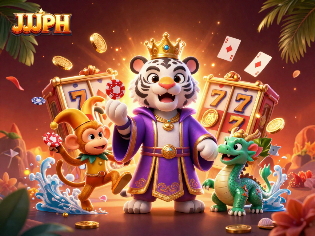 Experience the excitement of JJJPH with a vibrant 3D casino scene featuring slots and characters.