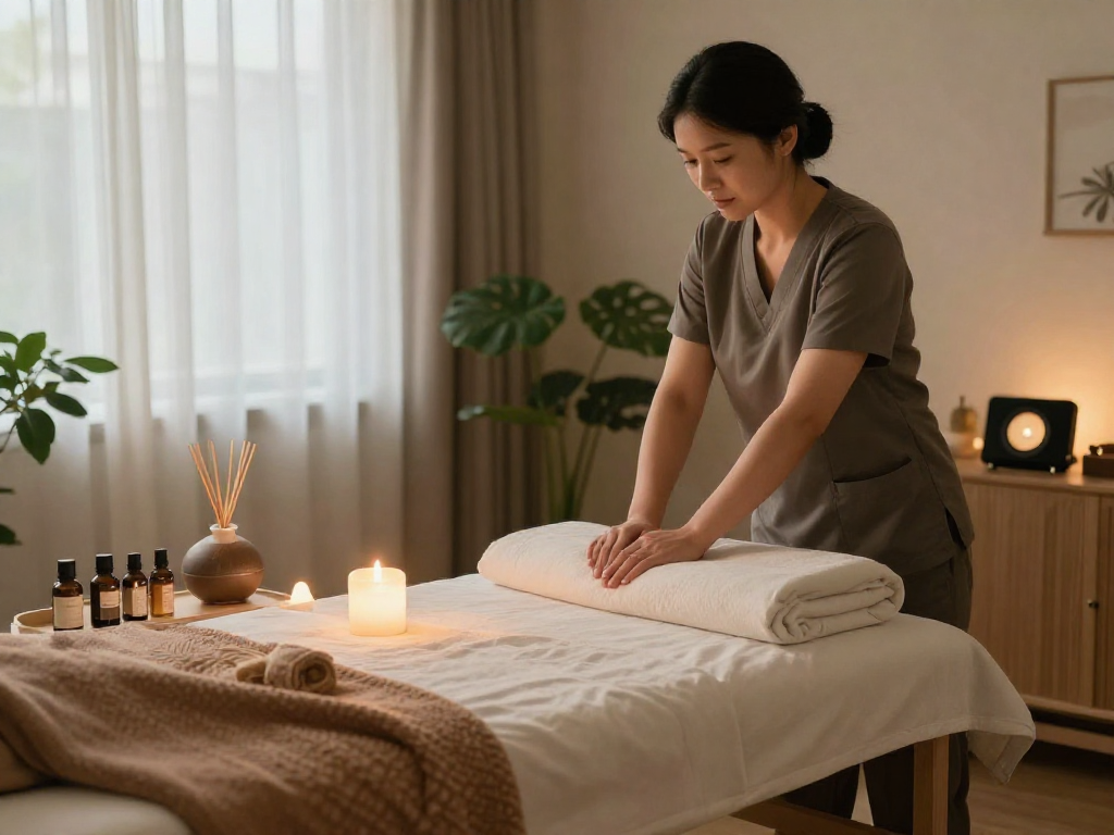 출장안마 session setup with calming ambiance and professional massage therapist in a comfortable home.