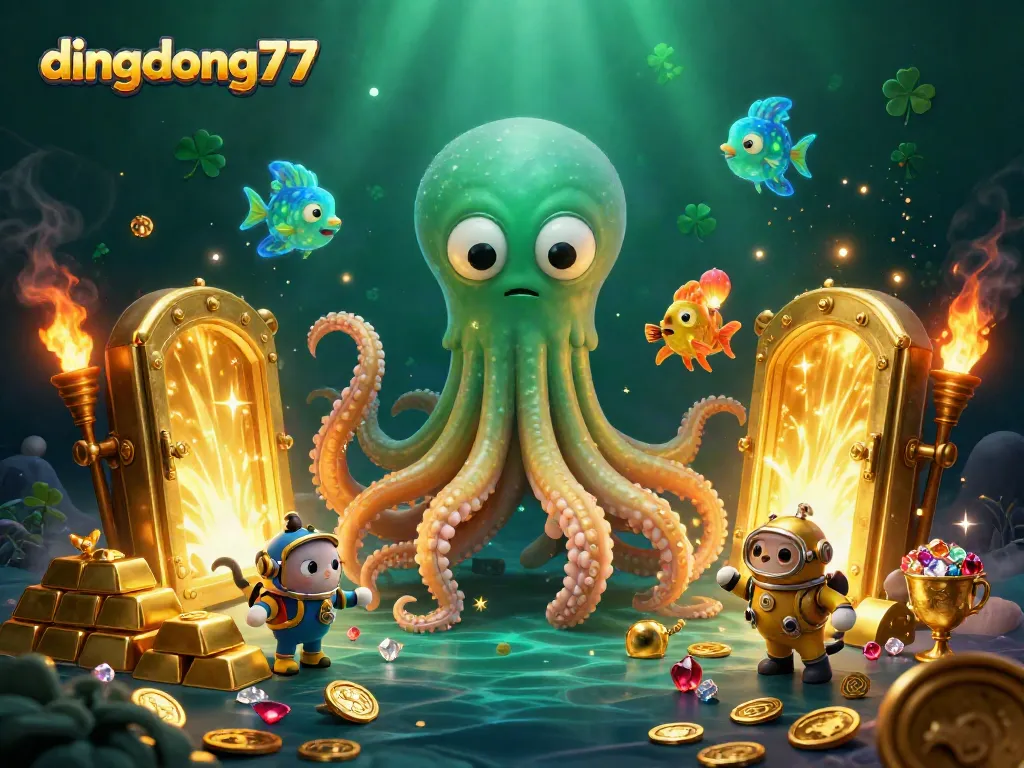 Dive into the thrill of dingdong77 with a dynamic cartoon scene featuring a kraken and a vintage diving cat amidst treasure.