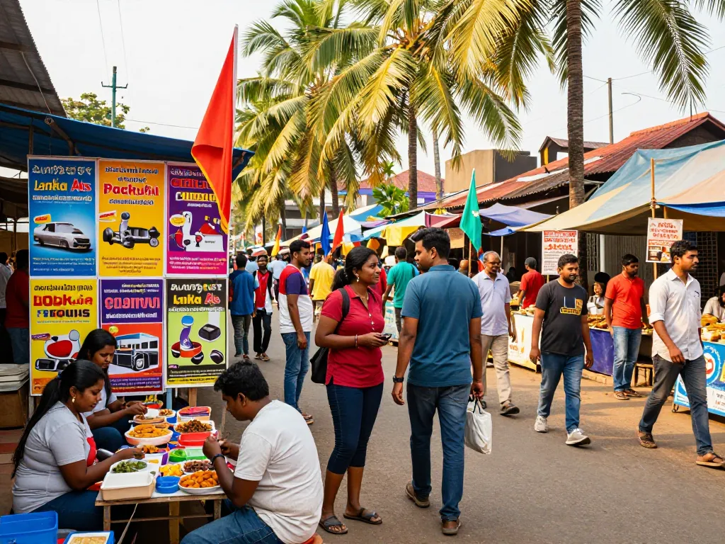 Vibrant Sri Lankan street fair showcasing diverse Lanka Ads, with vendors and engaged visitors.