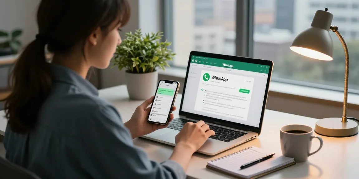 在专业工作空间的笔记本电脑上使用WhatsApp Web，包括手机、笔记和咖啡。