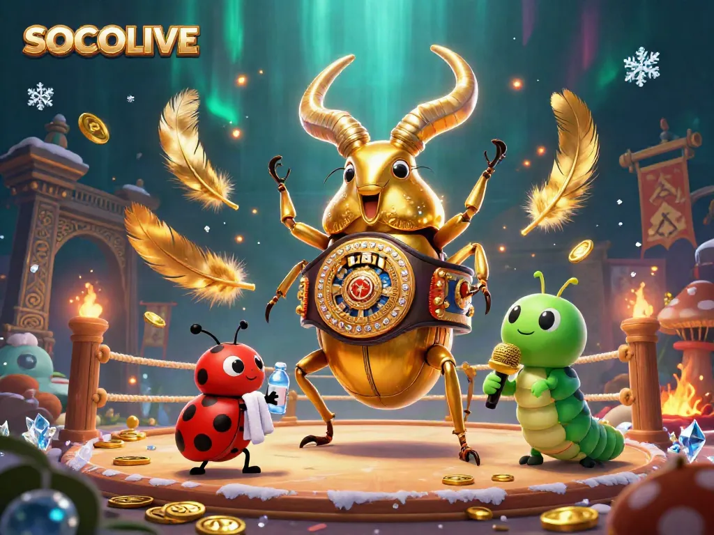 SOCOLIVE showcases an exciting 3D illustration of a golden stag beetle boxing champion, set in a vibrant casino arena.