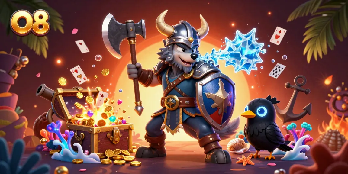 Experience thrilling gaming at O8 with a Viking warrior, ice-breathing dragon, and radiant raven.