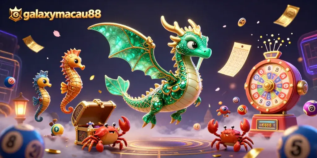 Experience the vibrant excitement at galaxymacau88 with a magical aquatic scene featuring a jewel-encrusted sea dragon and dynamic lottery elements.