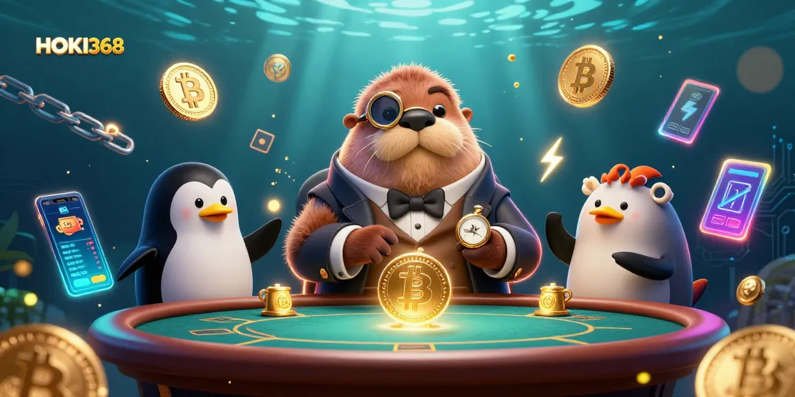 Experience playful gambling with HOKI368, featuring a jolly walrus and friends at an underwater poker table.
