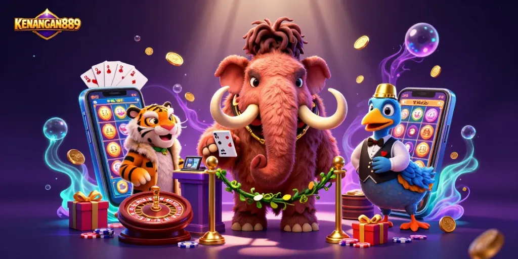 KENANGAN889 Casino scene with cartoon characters engaging with slot games and vibrant elements.