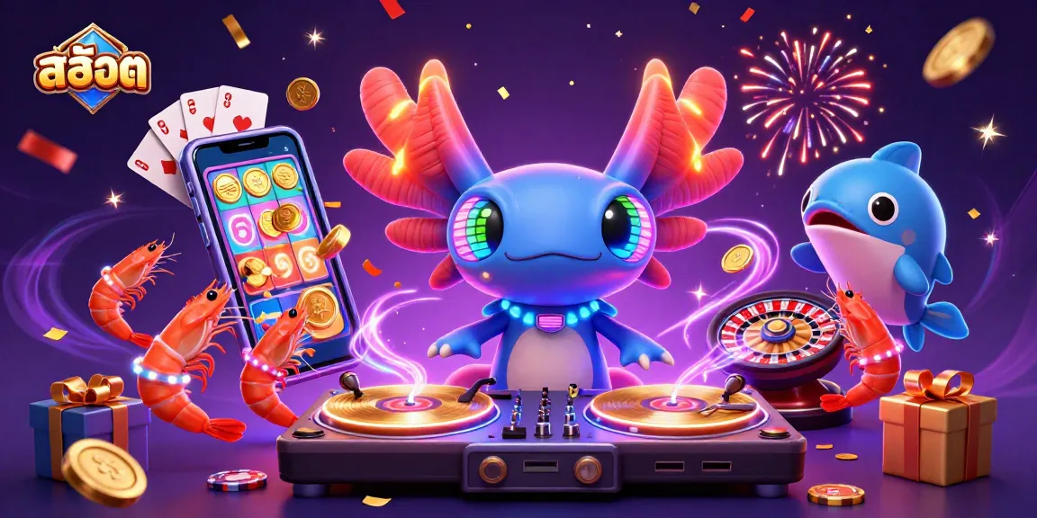 Engage in สล็อต gaming with a vibrant axolotl DJ spinning golden records surrounded by dynamic casino elements.