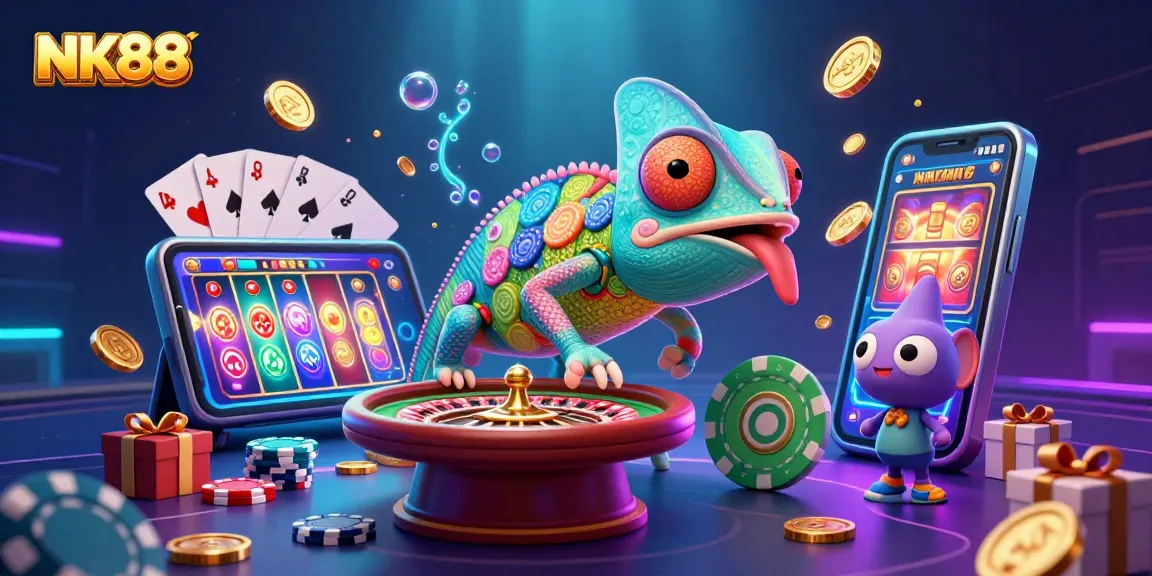 Engage with NK88's vibrant casino universe featuring a playful chameleon collecting coins.