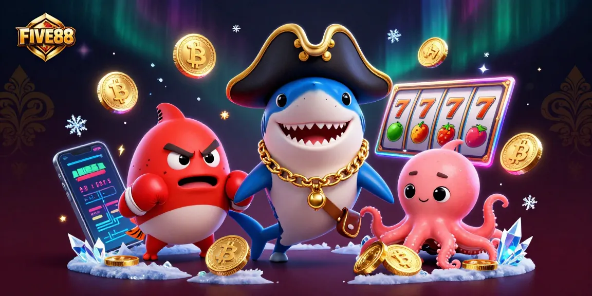 Engage with FIVE88 as cartoon characters celebrate wins with slot reels, coins, and blockchain elements.