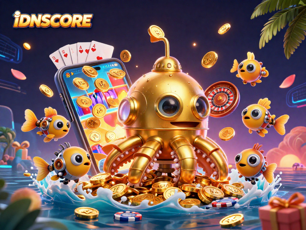 Engage with IDNSCORE's loyalty rewards in this vibrant casino-themed 3D illustration.