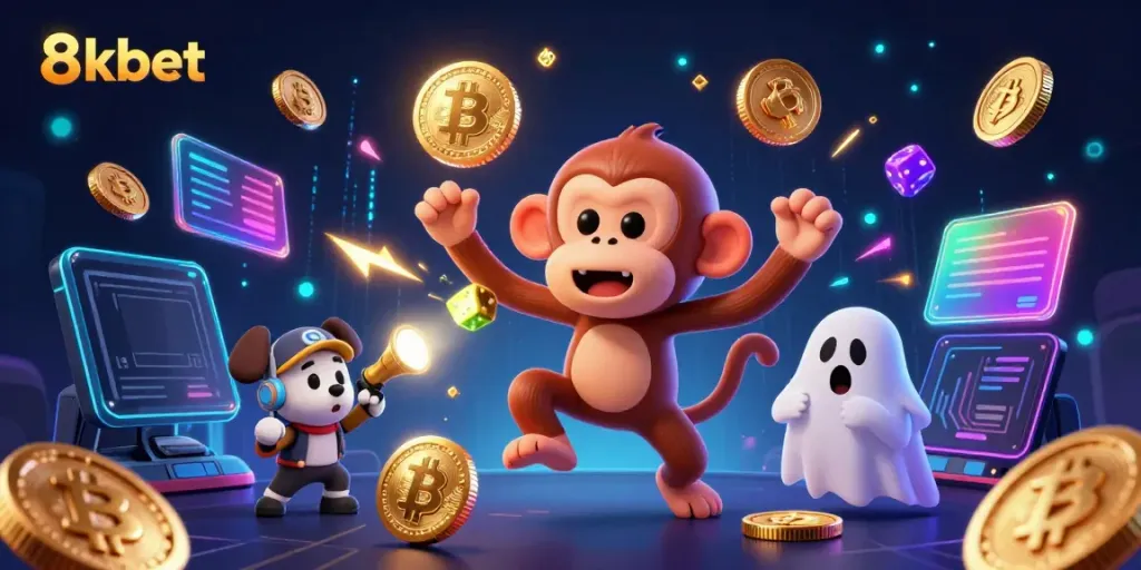 Experience the thrill of 8xbet with a playful ghost-hunter puppy pursuing a poltergeist monkey in a vibrant casino.
